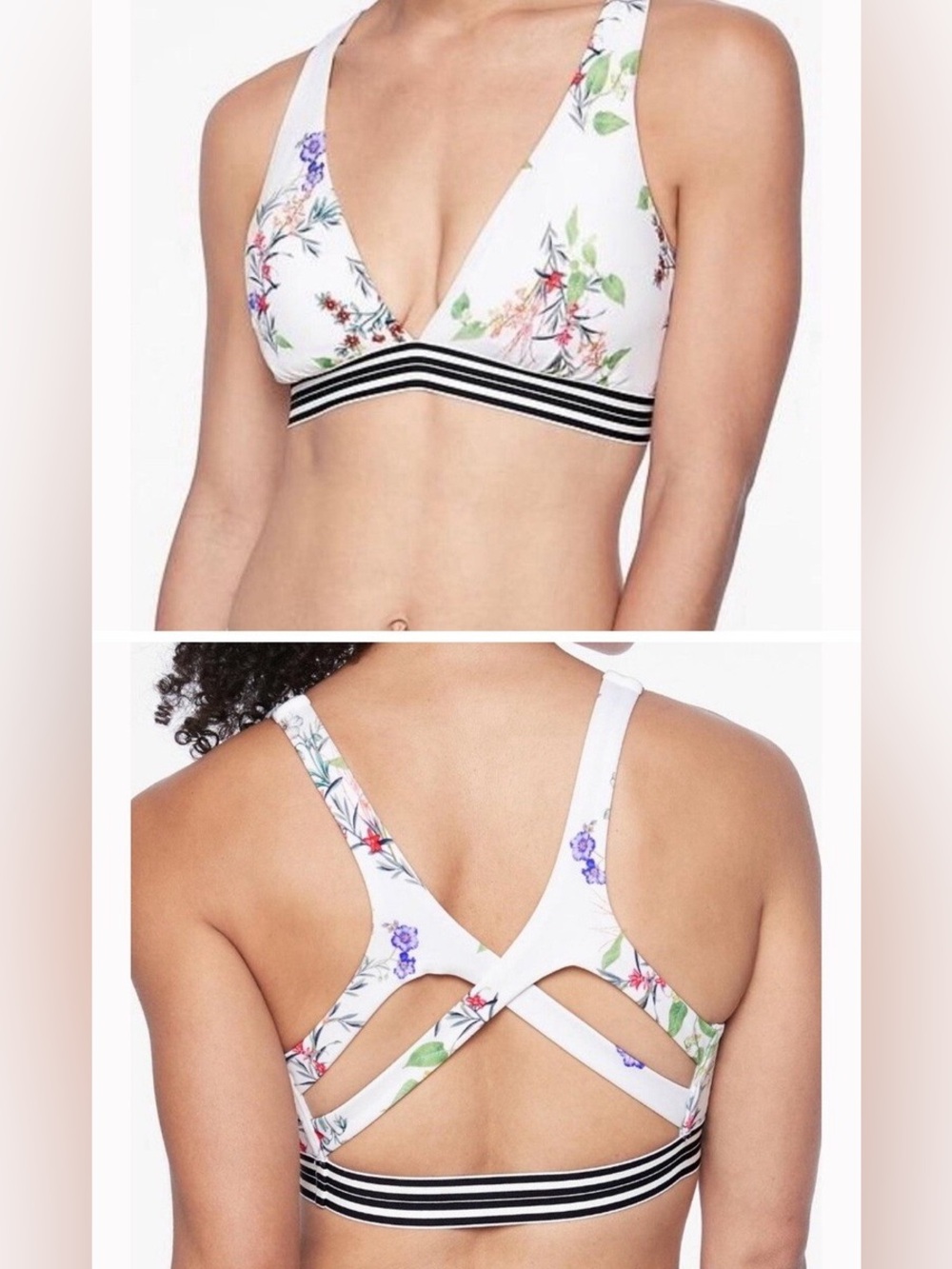 Athleta Gold Coast White Floral Strappy Sports Bra Bikini Top XS